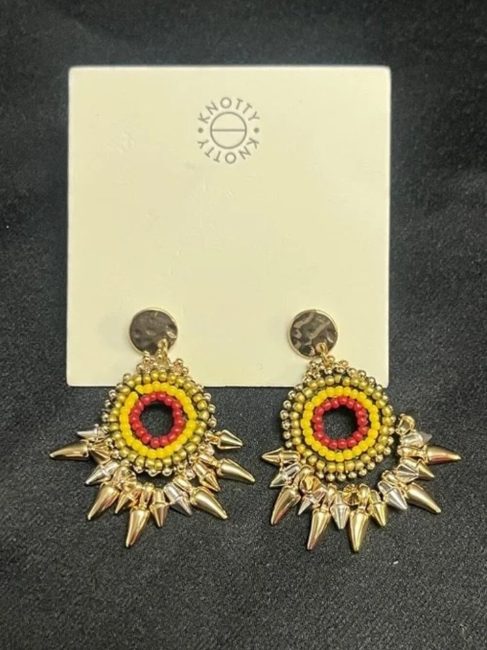 🌍❤️💛✨ Shop Knotty Beaded Spike Earrings | Gold, Yellow & Red Seed Beads